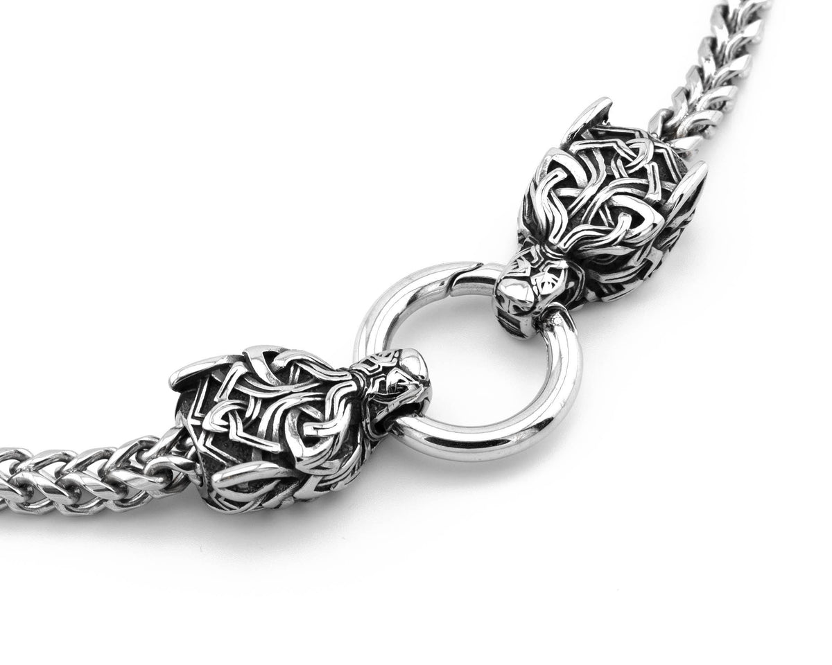 Viking Wolf Head Franco Link Necklace