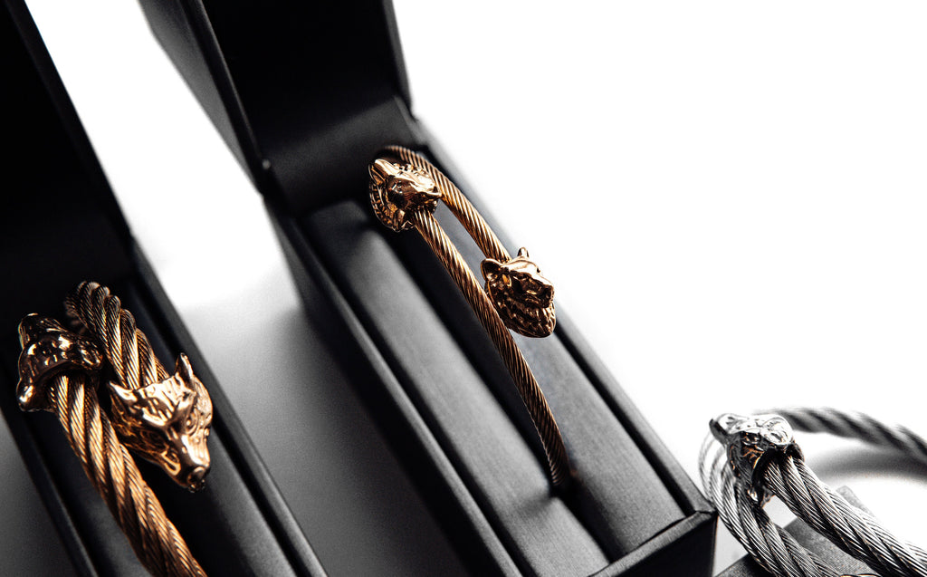 Wolf Head Bangle Bracelet - Silver & Gold