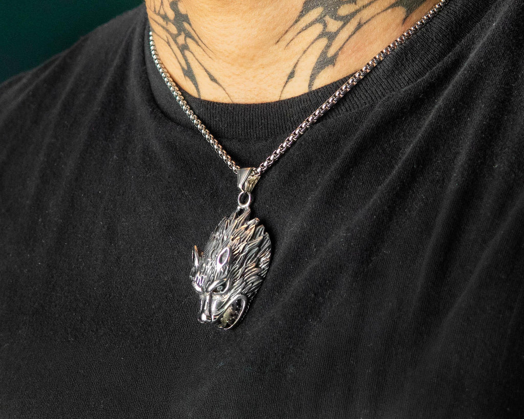 Viking Wolf Head Pendant Necklace