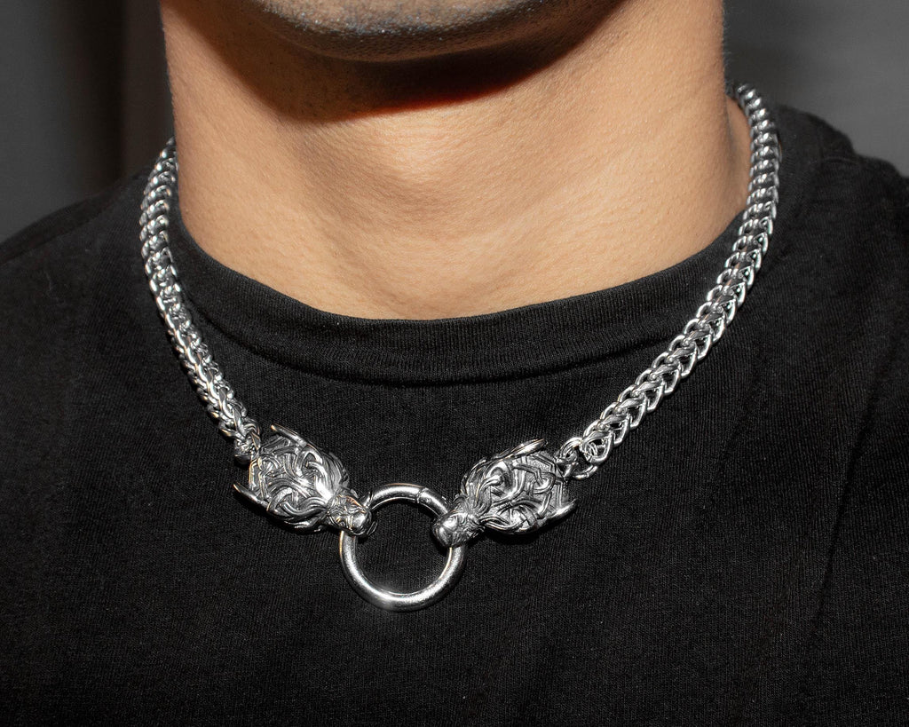 Viking Wolf Head Franco Link Necklace