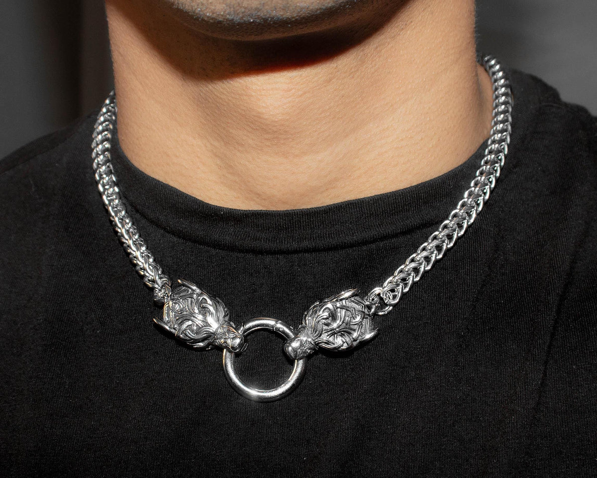 Viking Wolf Head Franco Link Necklace