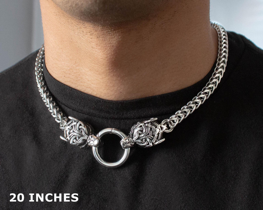 Viking Wolf Head Franco Link Necklace
