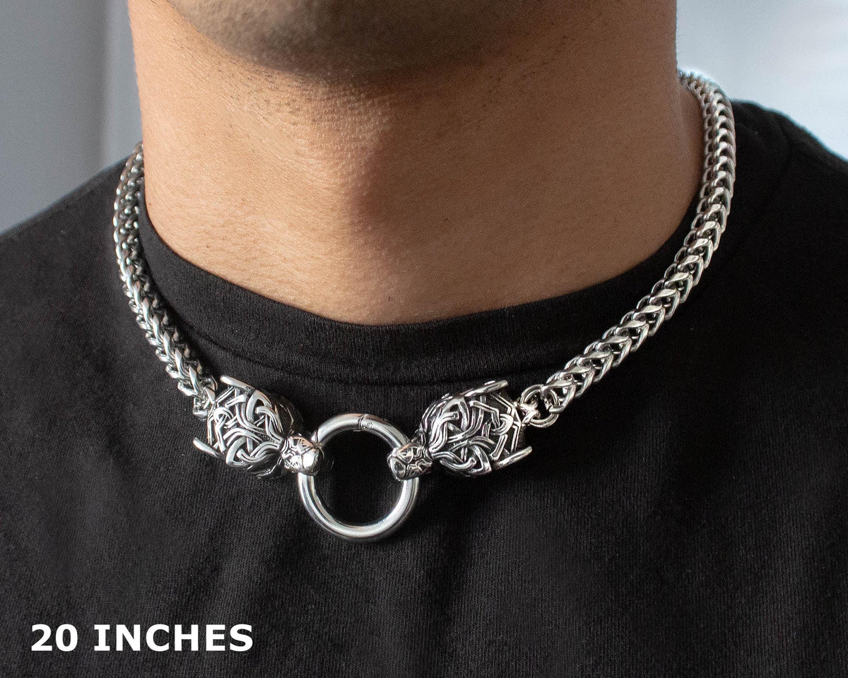 Viking Wolf Head Franco Link Necklace