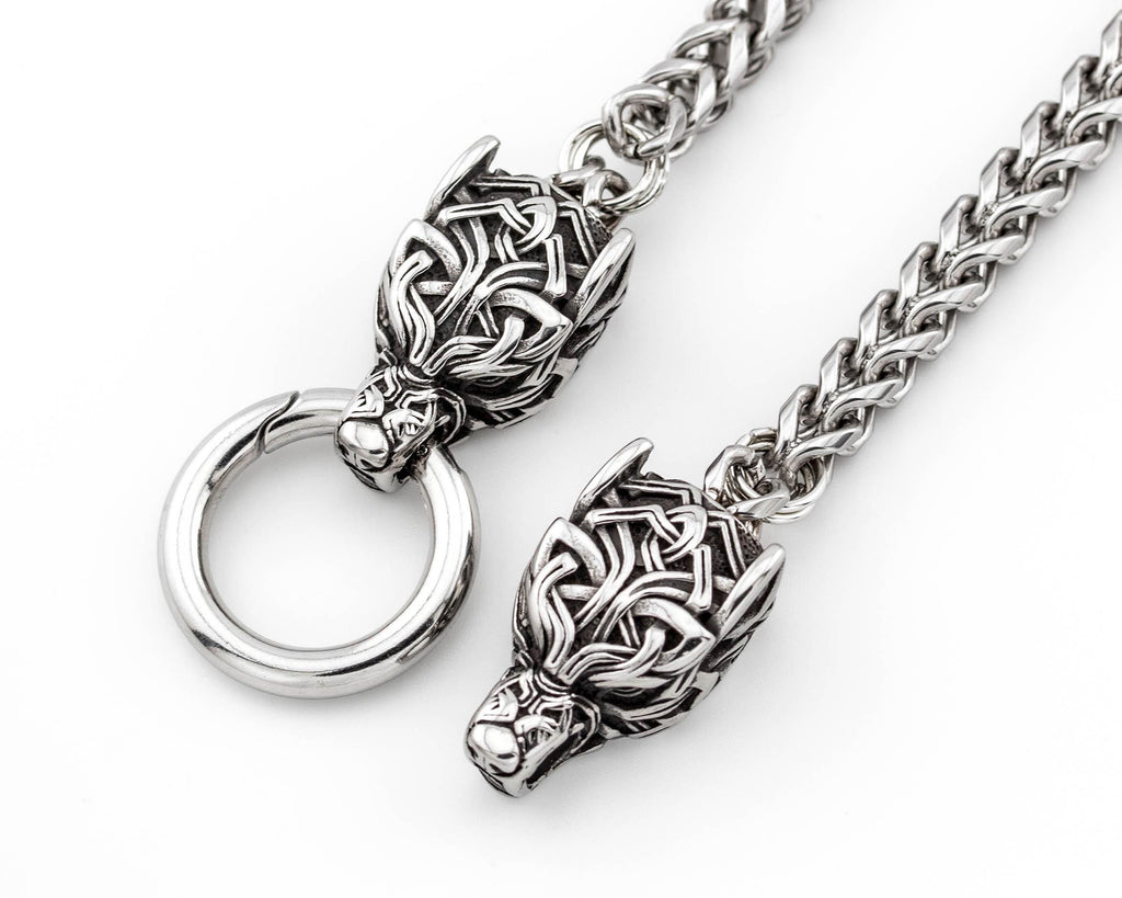 Viking Wolf Head Franco Link Necklace
