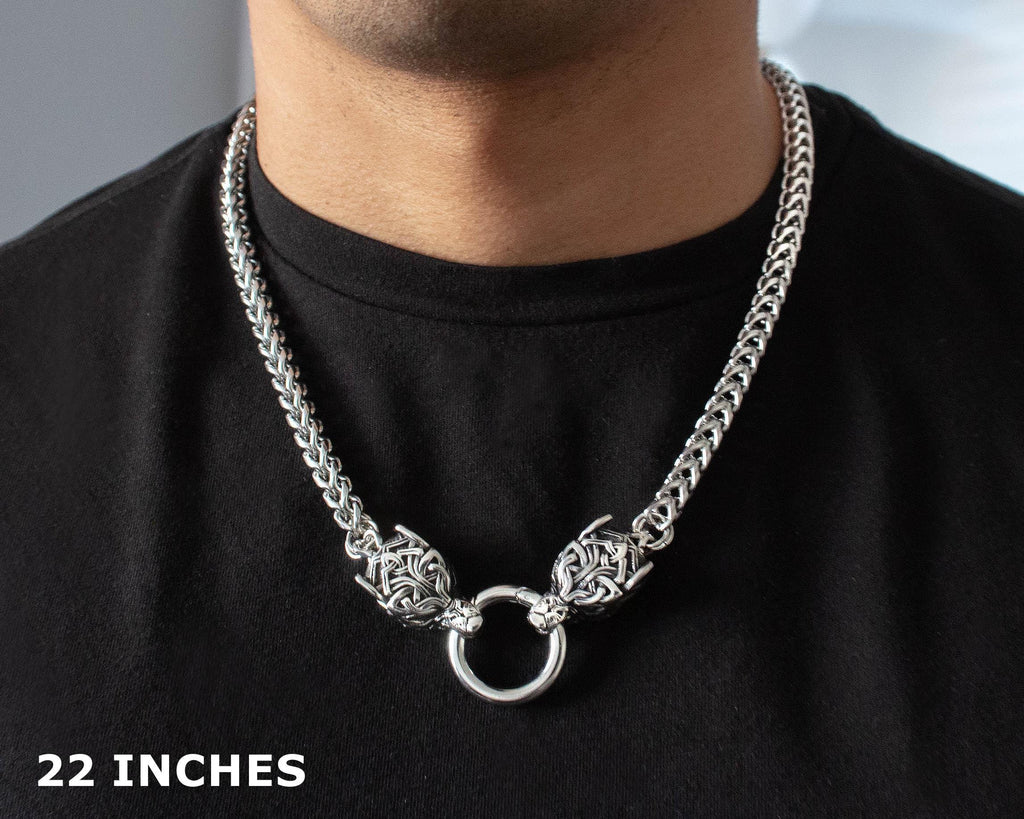 Viking Wolf Head Franco Link Necklace